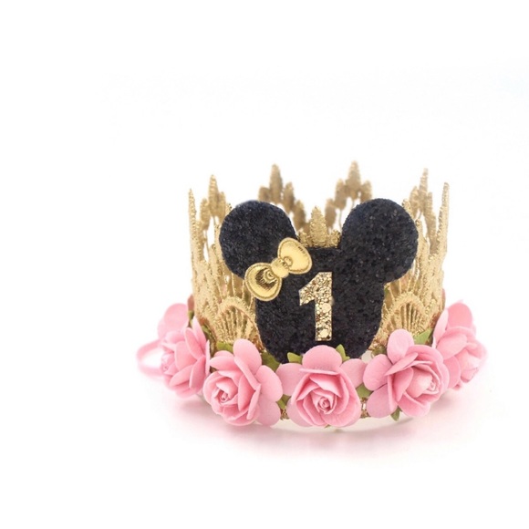Birthday Mouse MINI Sienna lace crown headband || gold + black + pink - Picture 1 of 1